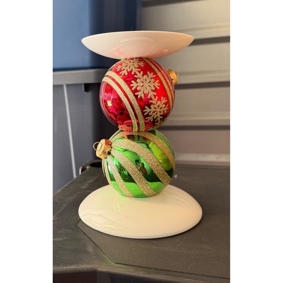 Bath & Body Works Christmas Ornament Pedestal 3 Wick Candle Holder Red Grn Gold - Picture 1 of 3